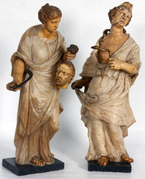 Pair of carved early Continental alabaster and marble statues of Cleopatra and Judith, $132,250. Image courtesy of Fontaine’s Auction Gallery.